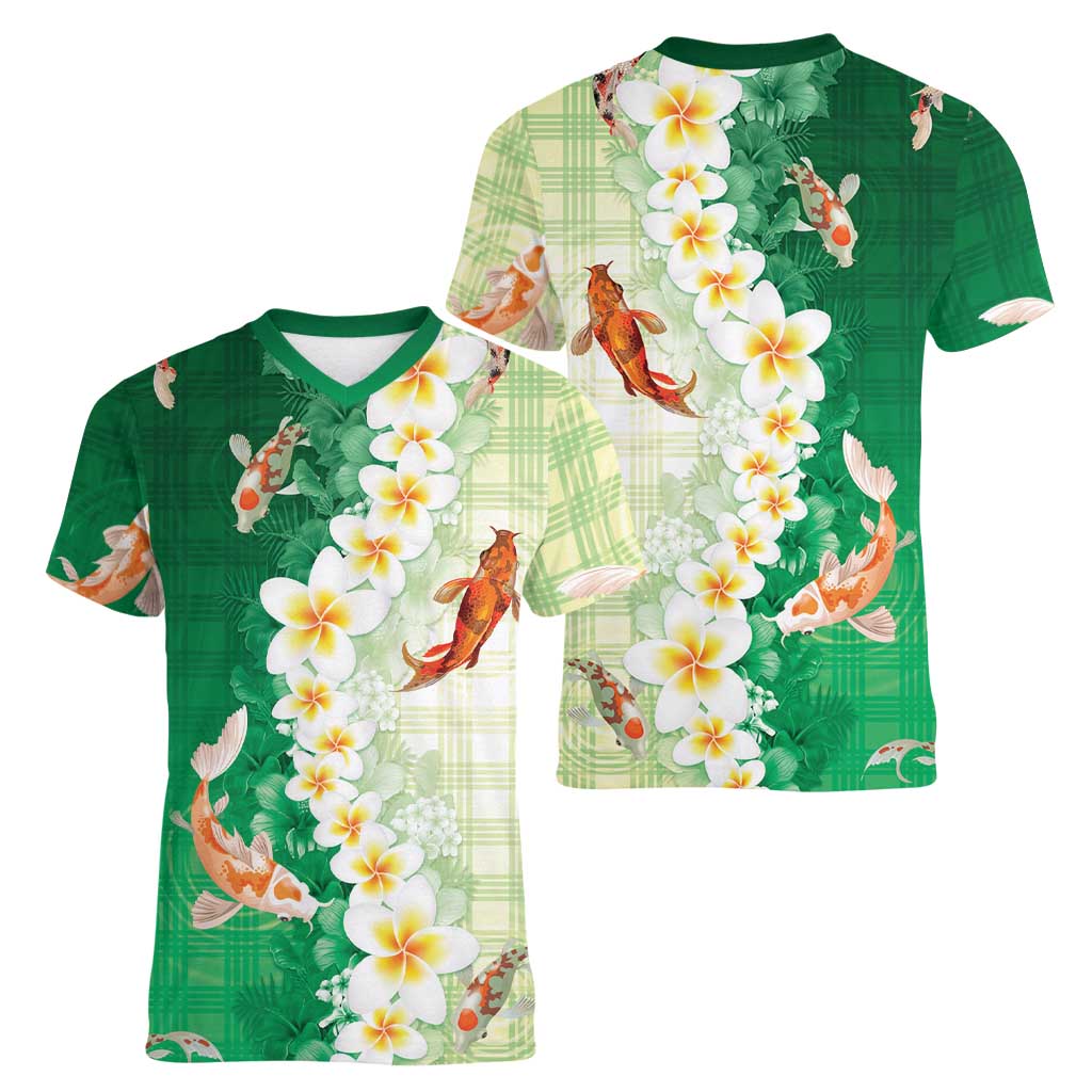 Hawaii And Japan Women V-Neck T-Shirt Plumeria Lei With Koi Fish Green LT05 - Polynesian Pride
