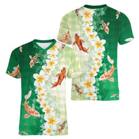 Hawaii And Japan Women V-Neck T-Shirt Plumeria Lei With Koi Fish Green LT05 - Polynesian Pride