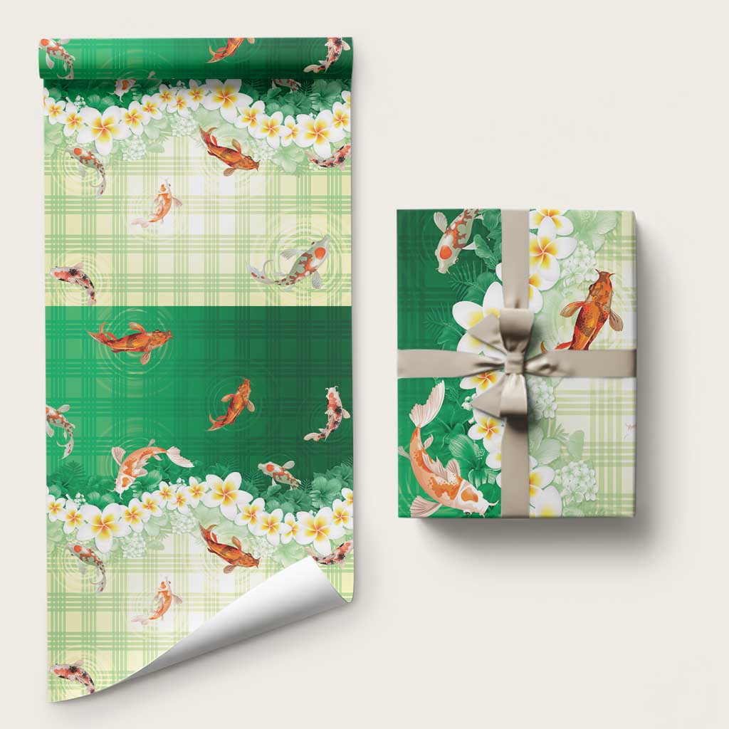 Hawaii And Japan Wrapping Paper Plumeria Lei With Koi Fish Green LT05 58" × 23" Green - Polynesian Pride