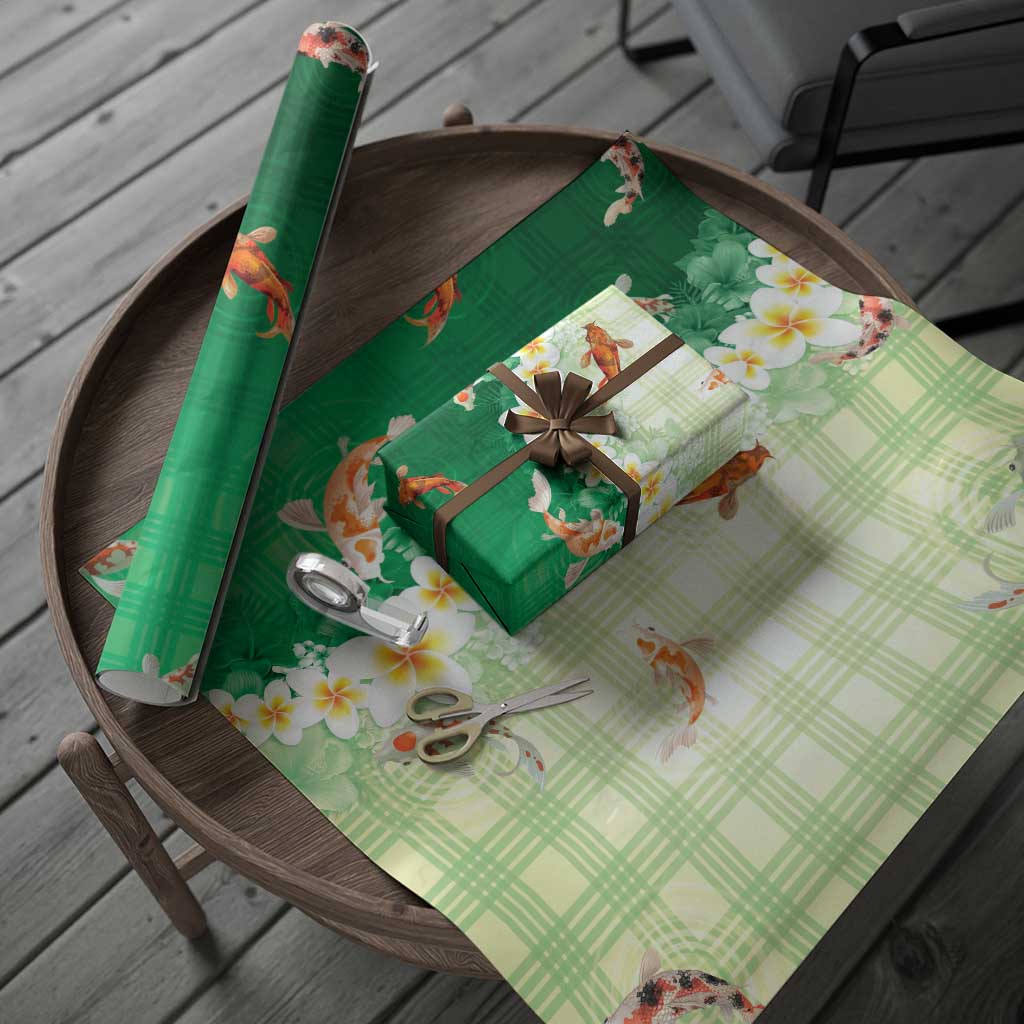 Hawaii And Japan Wrapping Paper Plumeria Lei With Koi Fish Green LT05 - Polynesian Pride
