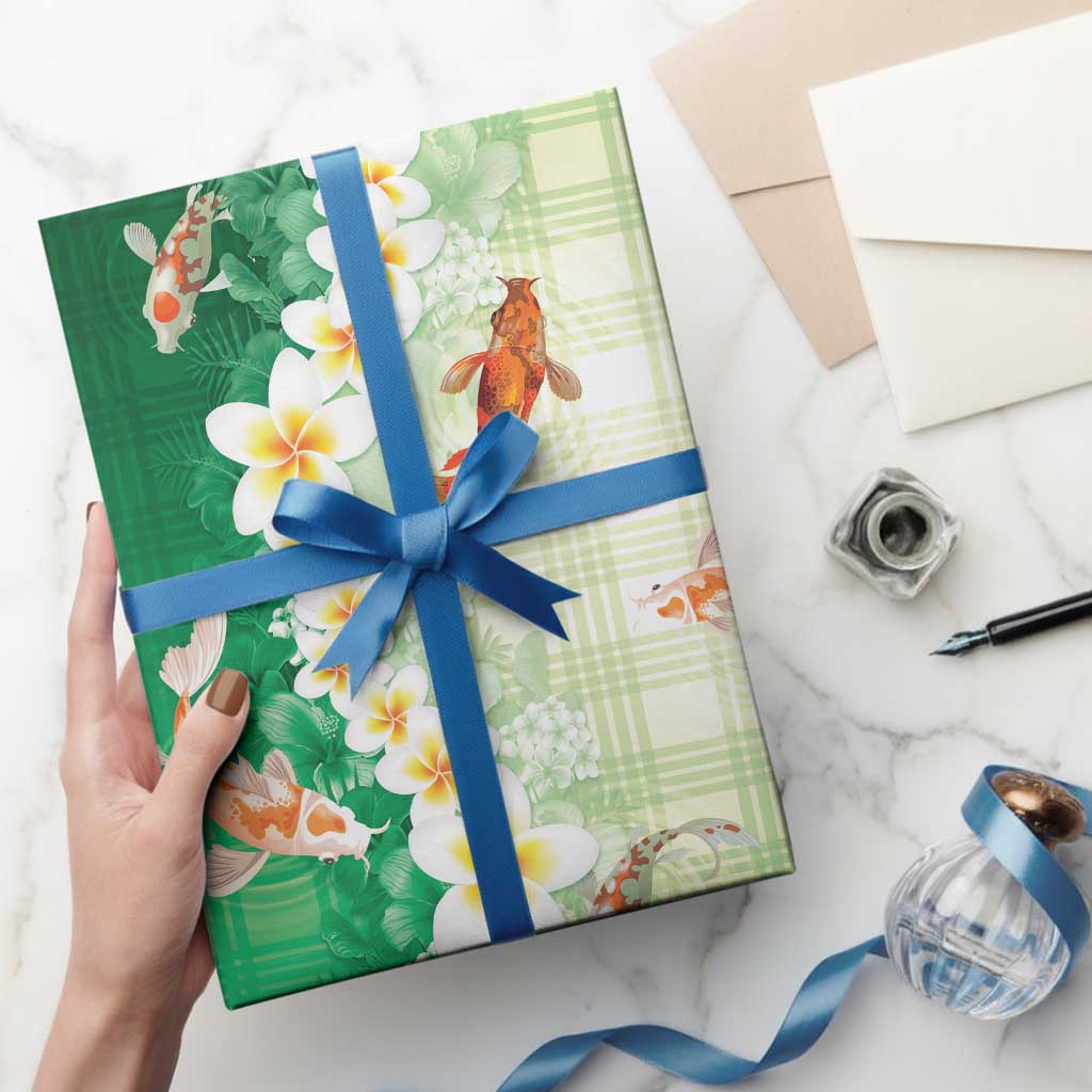 Hawaii And Japan Wrapping Paper Plumeria Lei With Koi Fish Green LT05 - Polynesian Pride