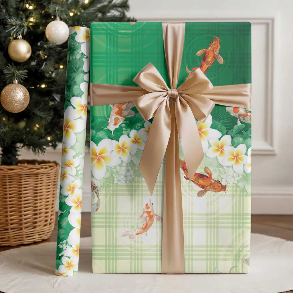 Hawaii And Japan Wrapping Paper Plumeria Lei With Koi Fish Green LT05 - Polynesian Pride