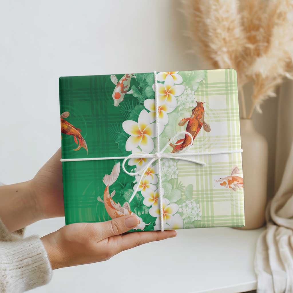 Hawaii And Japan Wrapping Paper Plumeria Lei With Koi Fish Green LT05 - Polynesian Pride