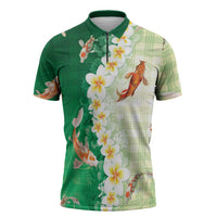 Hawaii And Japan Zipper Polo Shirt Plumeria Lei With Koi Fish Green LT05 Green - Polynesian Pride