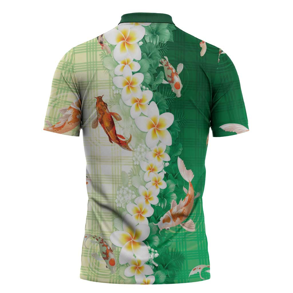 Hawaii And Japan Zipper Polo Shirt Plumeria Lei With Koi Fish Green LT05 - Polynesian Pride