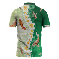 Hawaii And Japan Zipper Polo Shirt Plumeria Lei With Koi Fish Green LT05 - Polynesian Pride