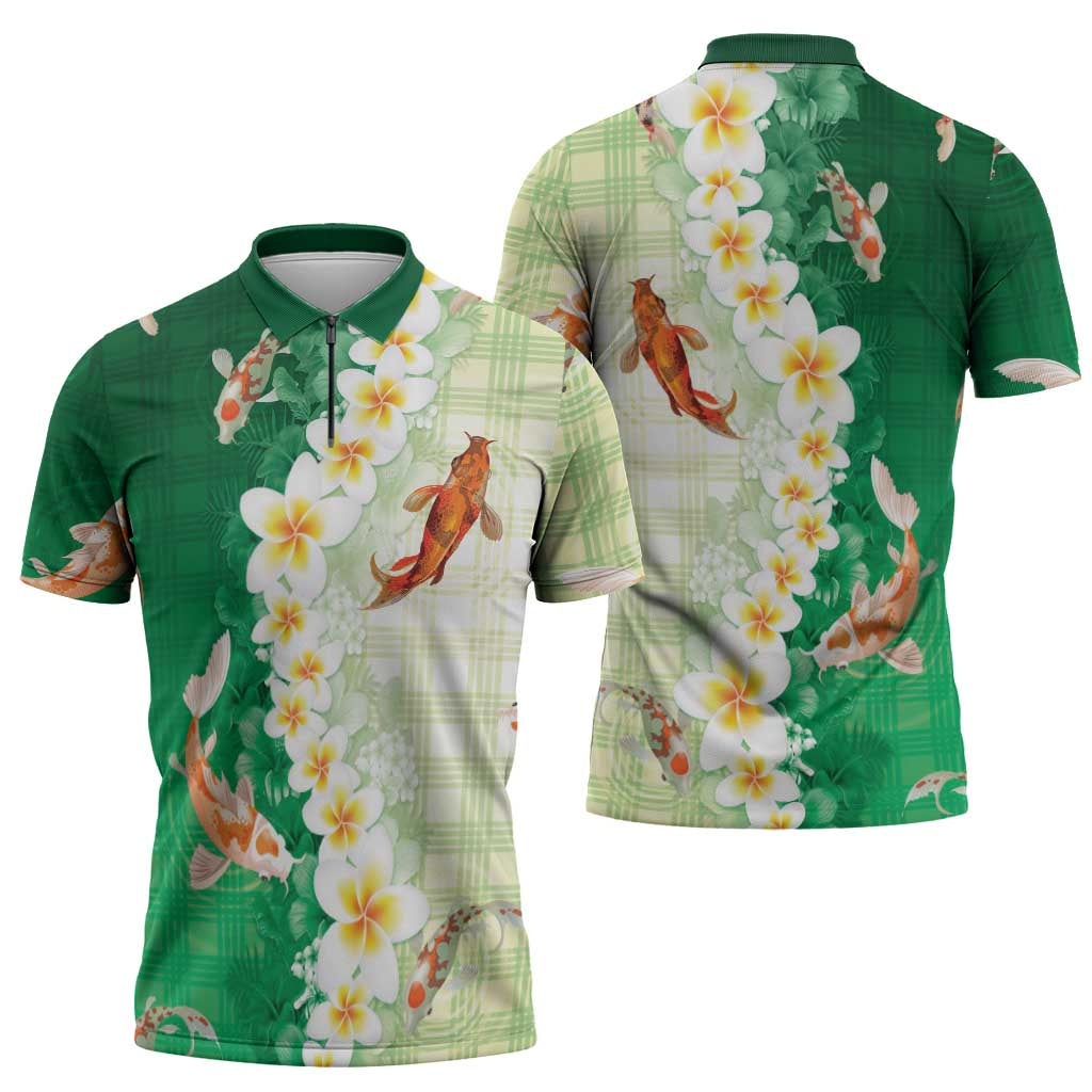Hawaii And Japan Zipper Polo Shirt Plumeria Lei With Koi Fish Green LT05 - Polynesian Pride