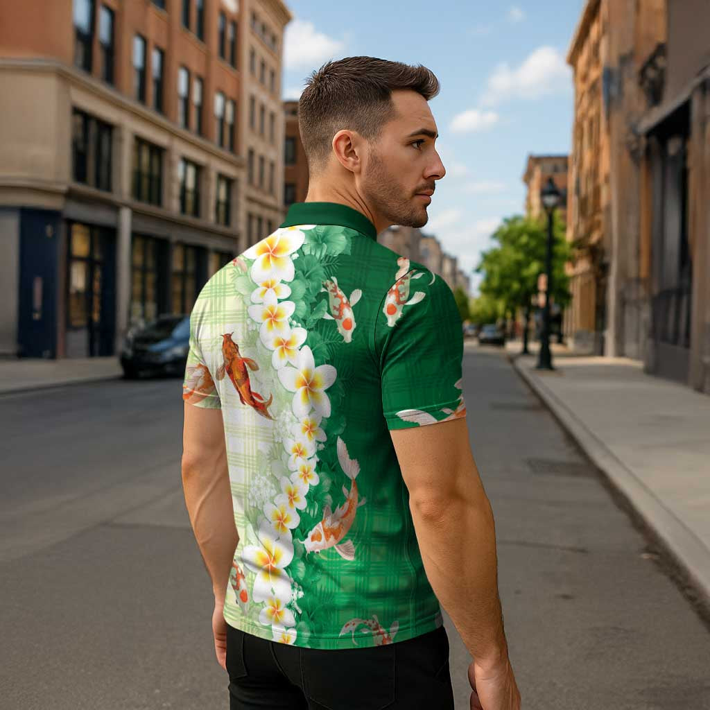 Hawaii And Japan Zipper Polo Shirt Plumeria Lei With Koi Fish Green LT05 - Polynesian Pride