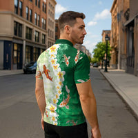 Hawaii And Japan Zipper Polo Shirt Plumeria Lei With Koi Fish Green LT05 - Polynesian Pride