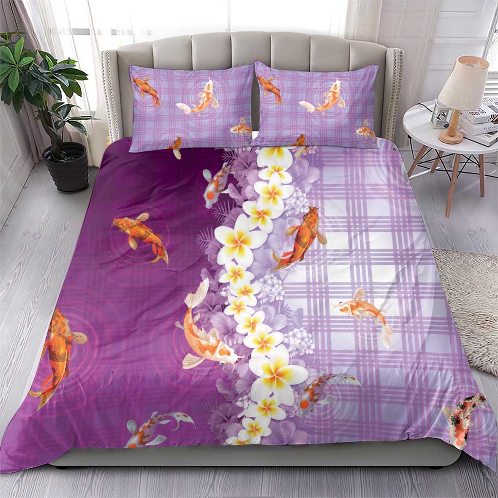 Hawaii And Japan Bedding Set Plumeria Lei With Koi Fish Purple LT05 - Polynesian Pride