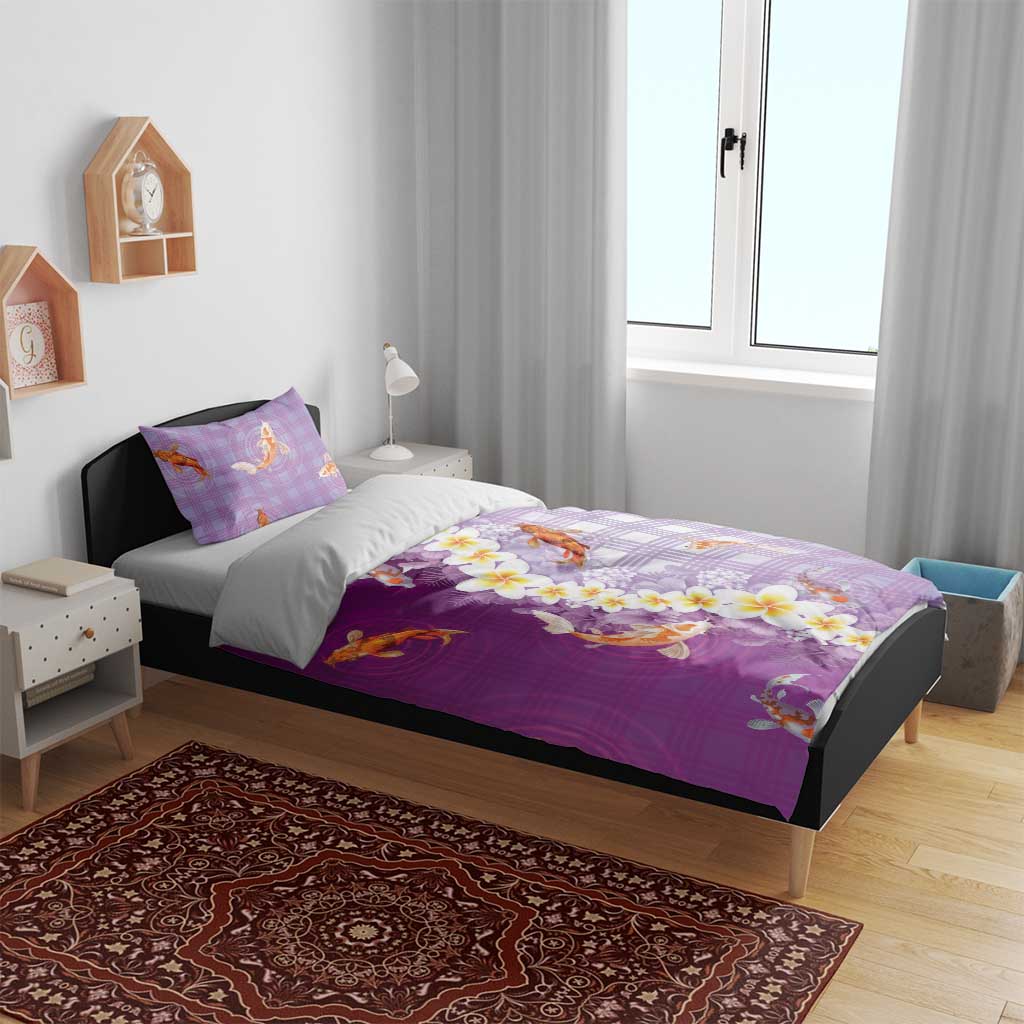 Hawaii And Japan Bedding Set Plumeria Lei With Koi Fish Purple LT05 - Polynesian Pride