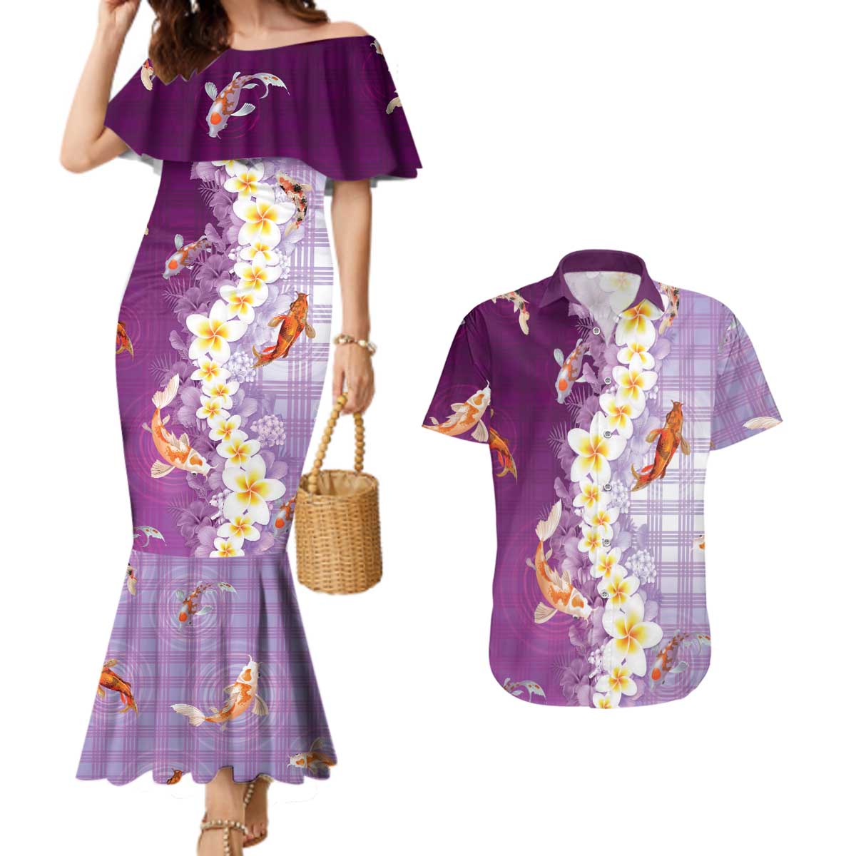Hawaii And Japan Couples Matching Mermaid Dress and Hawaiian Shirt Plumeria Lei With Koi Fish Purple - Polynesian Pride