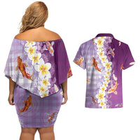 Hawaii And Japan Couples Matching Off Shoulder Short Dress and Hawaiian Shirt Plumeria Lei With Koi Fish Purple - Polynesian Pride