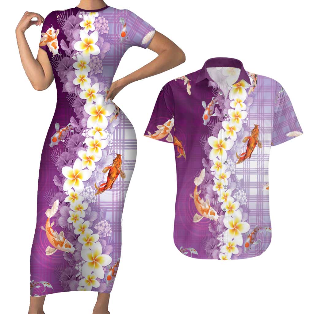 Hawaii And Japan Couples Matching Short Sleeve Bodycon Dress and Hawaiian Shirt Plumeria Lei With Koi Fish Purple - Polynesian Pride
