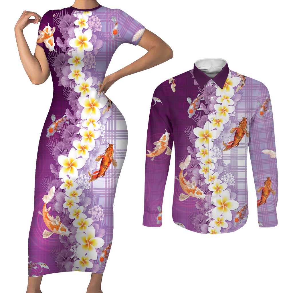 Hawaii And Japan Couples Matching Short Sleeve Bodycon Dress and Long Sleeve Button Shirt Plumeria Lei With Koi Fish Purple - Polynesian Pride