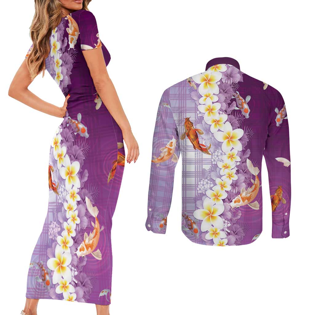 Hawaii And Japan Couples Matching Short Sleeve Bodycon Dress and Long Sleeve Button Shirt Plumeria Lei With Koi Fish Purple - Polynesian Pride