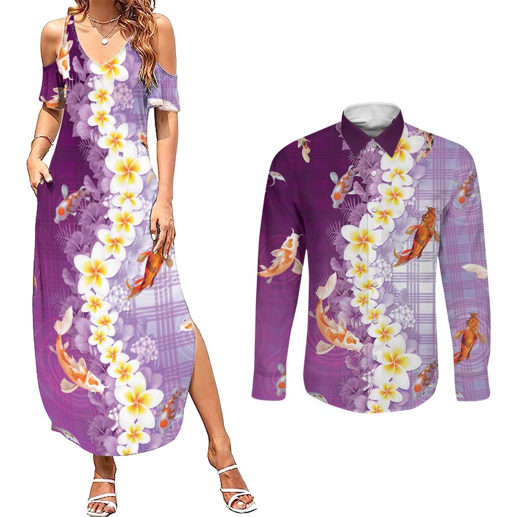 Hawaii And Japan Couples Matching Summer Maxi Dress and Long Sleeve Button Shirt Plumeria Lei With Koi Fish Purple - Polynesian Pride