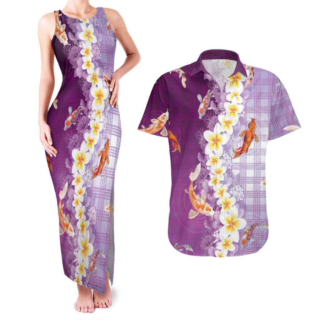 Hawaii And Japan Couples Matching Tank Maxi Dress and Hawaiian Shirt Plumeria Lei With Koi Fish Purple - Polynesian Pride