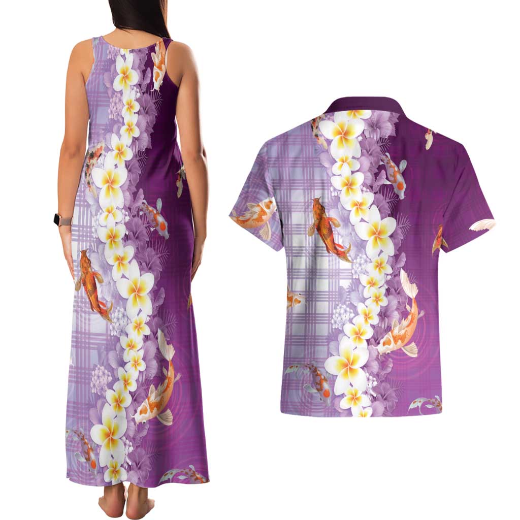 Hawaii And Japan Couples Matching Tank Maxi Dress and Hawaiian Shirt Plumeria Lei With Koi Fish Purple - Polynesian Pride
