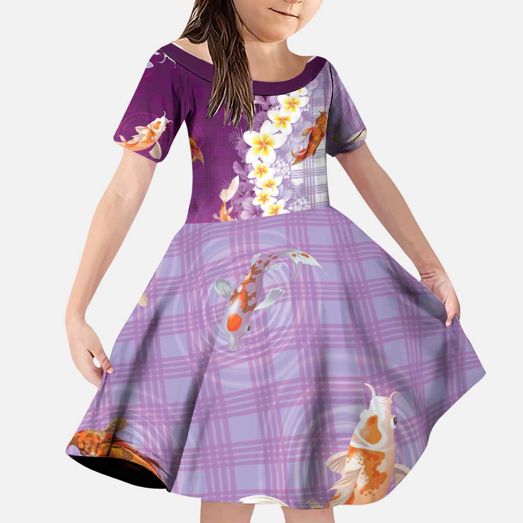Hawaii And Japan Family Matching Mermaid Dress and Hawaiian Shirt Plumeria Lei With Koi Fish Purple - Polynesian Pride