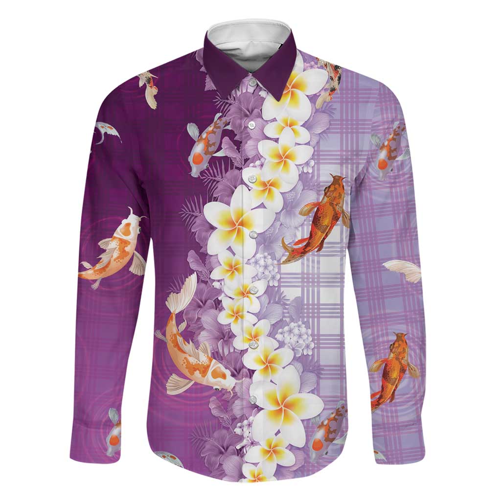 Hawaii And Japan Family Matching Mermaid Dress and Hawaiian Shirt Plumeria Lei With Koi Fish Purple - Polynesian Pride