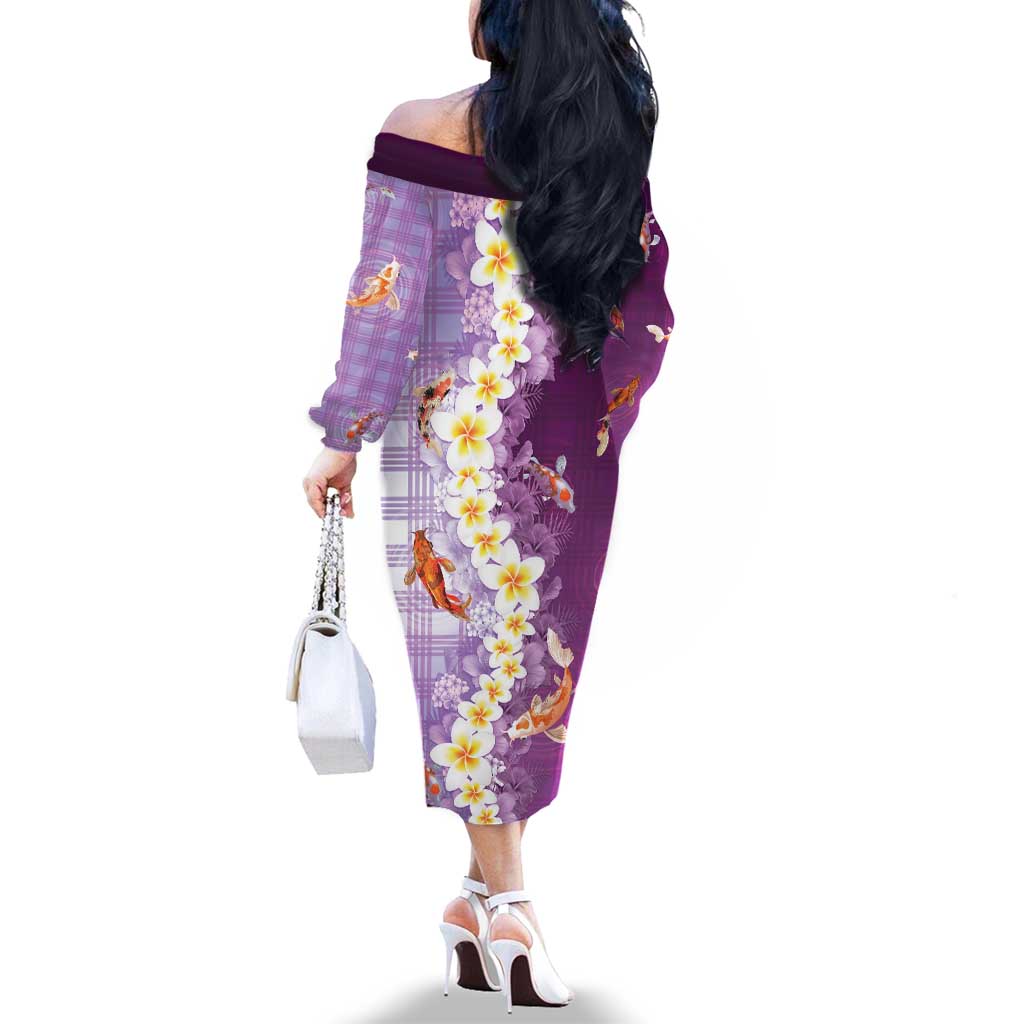 Hawaii And Japan Family Matching Off The Shoulder Long Sleeve Dress and Hawaiian Shirt Plumeria Lei With Koi Fish Purple - Polynesian Pride
