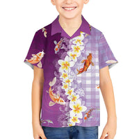 Hawaii And Japan Family Matching Off Shoulder Maxi Dress and Hawaiian Shirt Plumeria Lei With Koi Fish Purple - Polynesian Pride