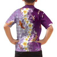 Hawaii And Japan Family Matching Off Shoulder Short Dress and Hawaiian Shirt Plumeria Lei With Koi Fish Purple - Polynesian Pride