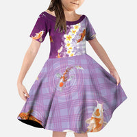 Hawaii And Japan Family Matching Off Shoulder Short Dress and Hawaiian Shirt Plumeria Lei With Koi Fish Purple - Polynesian Pride