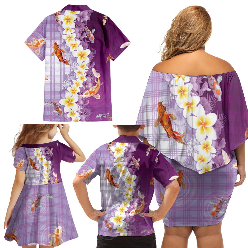 Hawaii And Japan Family Matching Off Shoulder Short Dress and Hawaiian Shirt Plumeria Lei With Koi Fish Purple - Polynesian Pride