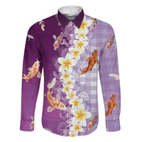 Hawaii And Japan Family Matching Off Shoulder Short Dress and Hawaiian Shirt Plumeria Lei With Koi Fish Purple - Polynesian Pride
