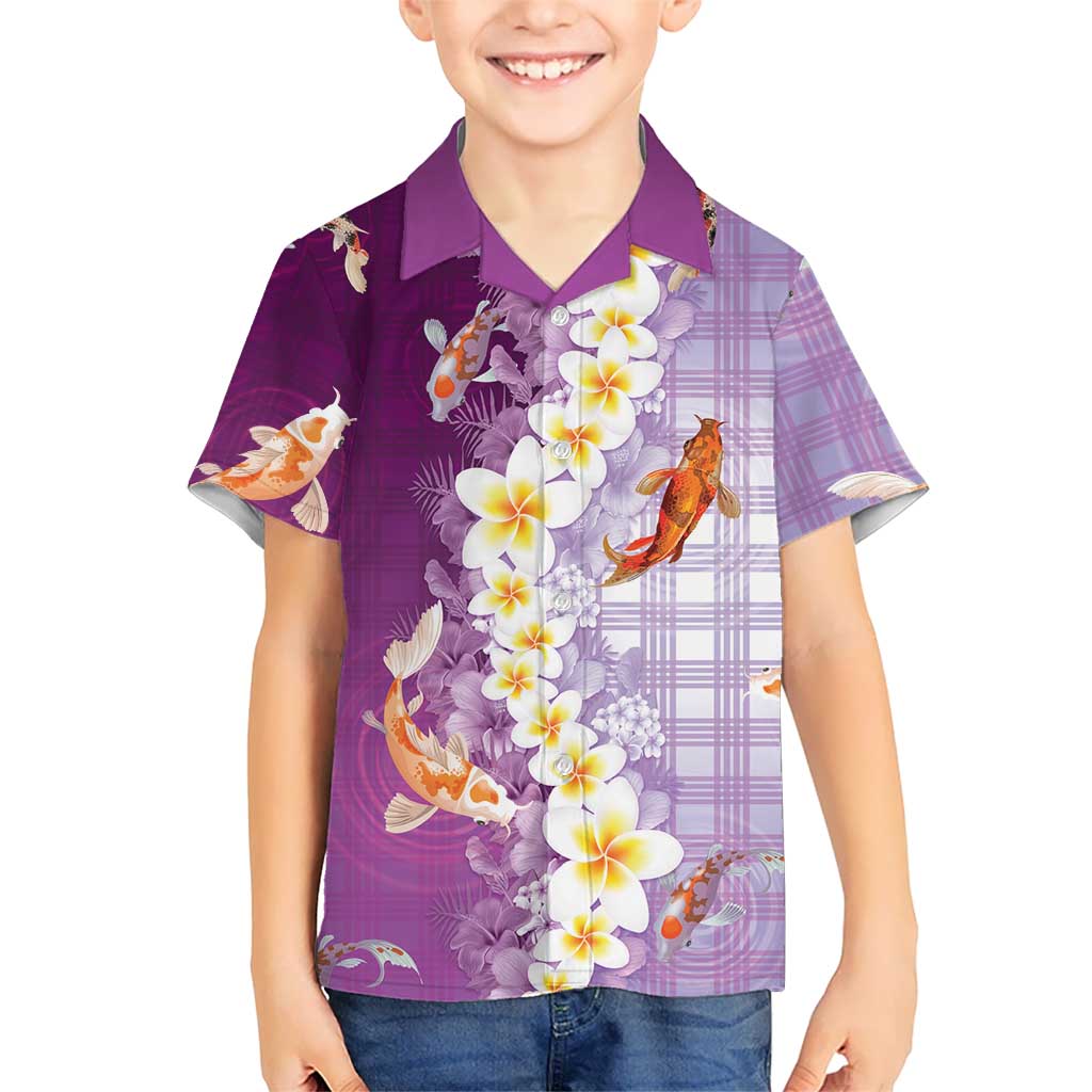 Hawaii And Japan Family Matching Off Shoulder Short Dress and Hawaiian Shirt Plumeria Lei With Koi Fish Purple - Polynesian Pride