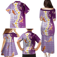 Hawaii And Japan Family Matching Puletasi and Hawaiian Shirt Plumeria Lei With Koi Fish Purple - Polynesian Pride