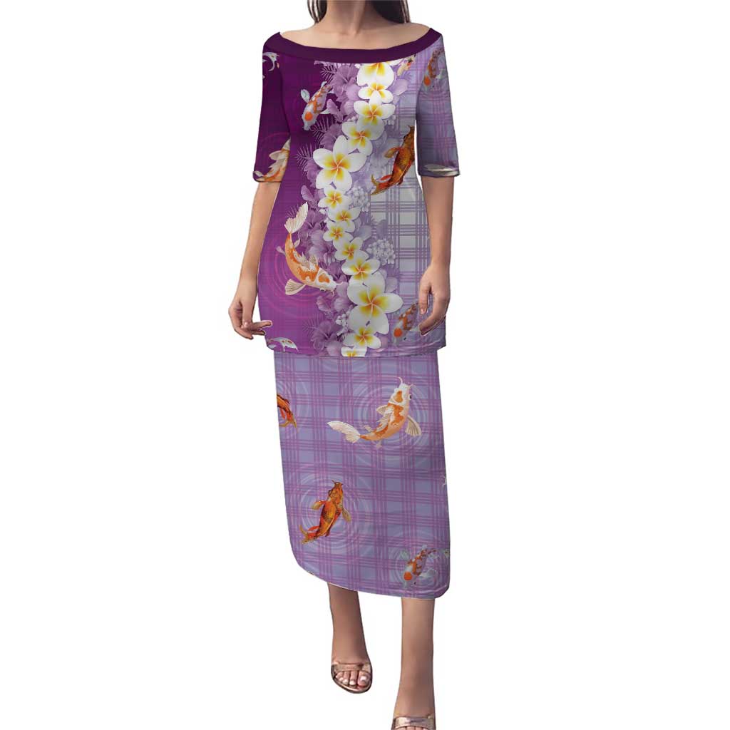 Hawaii And Japan Family Matching Puletasi and Hawaiian Shirt Plumeria Lei With Koi Fish Purple - Polynesian Pride