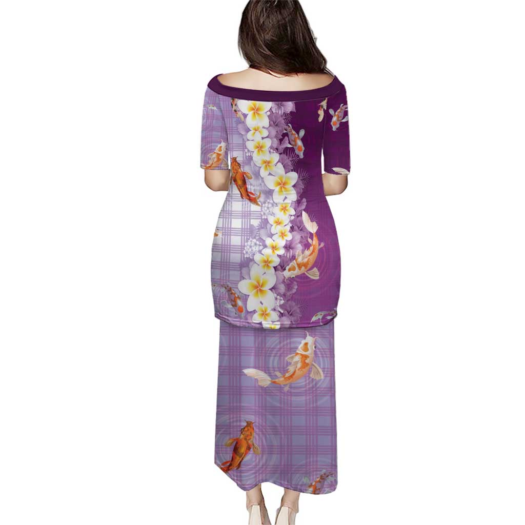 Hawaii And Japan Family Matching Puletasi and Hawaiian Shirt Plumeria Lei With Koi Fish Purple - Polynesian Pride