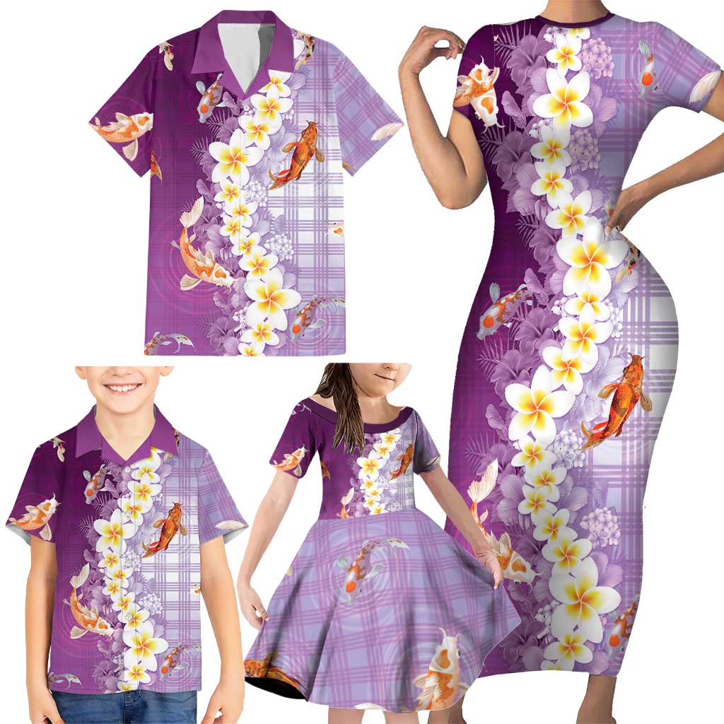 Hawaii And Japan Family Matching Short Sleeve Bodycon Dress and Hawaiian Shirt Plumeria Lei With Koi Fish Purple - Polynesian Pride