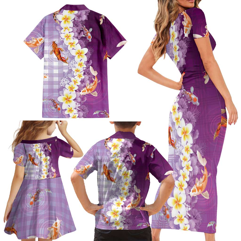 Hawaii And Japan Family Matching Short Sleeve Bodycon Dress and Hawaiian Shirt Plumeria Lei With Koi Fish Purple - Polynesian Pride
