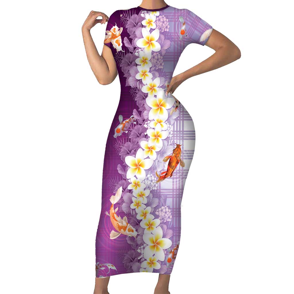 Hawaii And Japan Family Matching Short Sleeve Bodycon Dress and Hawaiian Shirt Plumeria Lei With Koi Fish Purple - Polynesian Pride