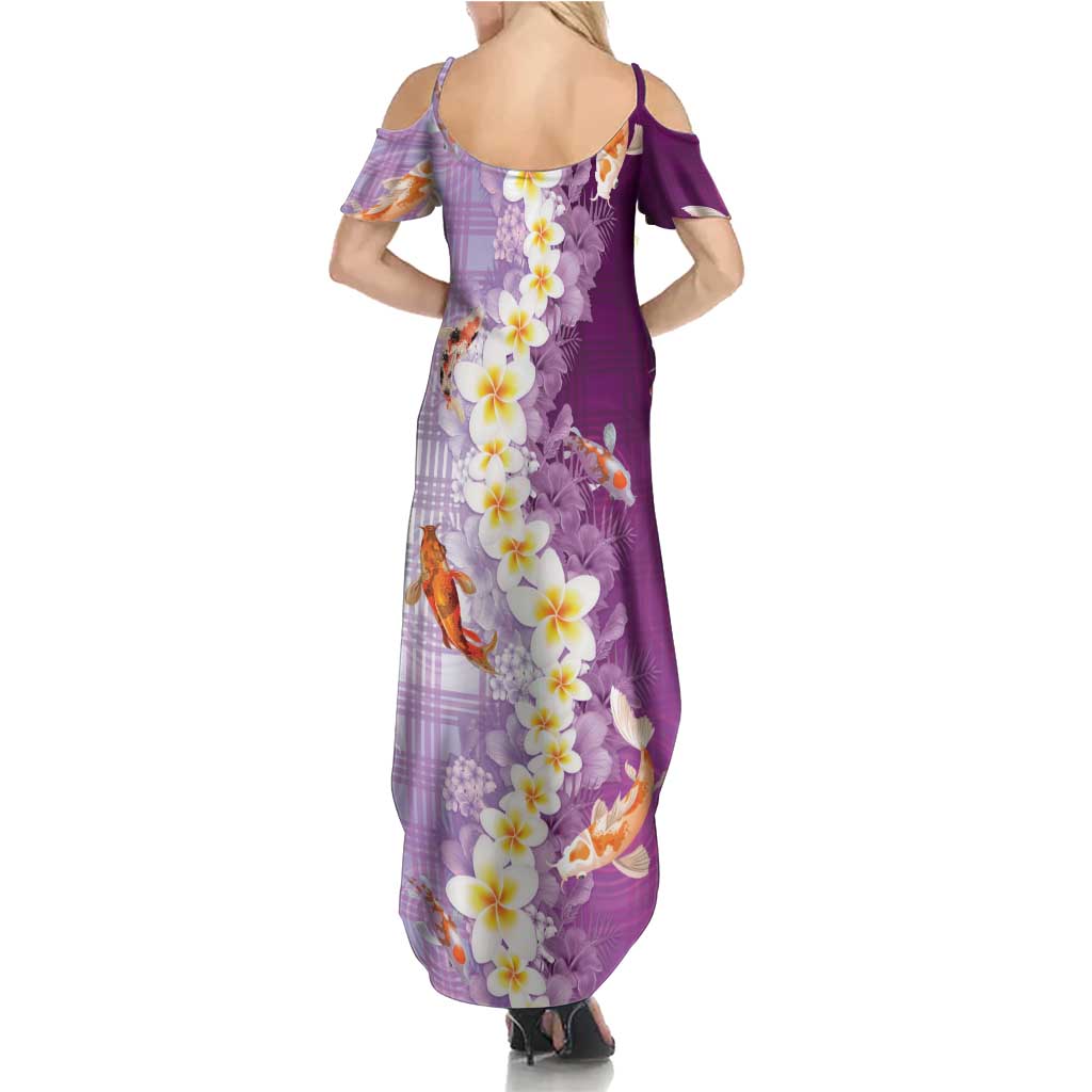 Hawaii And Japan Family Matching Summer Maxi Dress and Hawaiian Shirt Plumeria Lei With Koi Fish Purple - Polynesian Pride