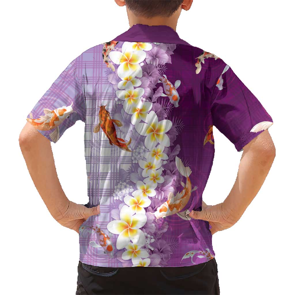 Hawaii And Japan Family Matching Tank Maxi Dress and Hawaiian Shirt Plumeria Lei With Koi Fish Purple - Polynesian Pride