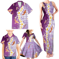 Hawaii And Japan Family Matching Tank Maxi Dress and Hawaiian Shirt Plumeria Lei With Koi Fish Purple - Polynesian Pride