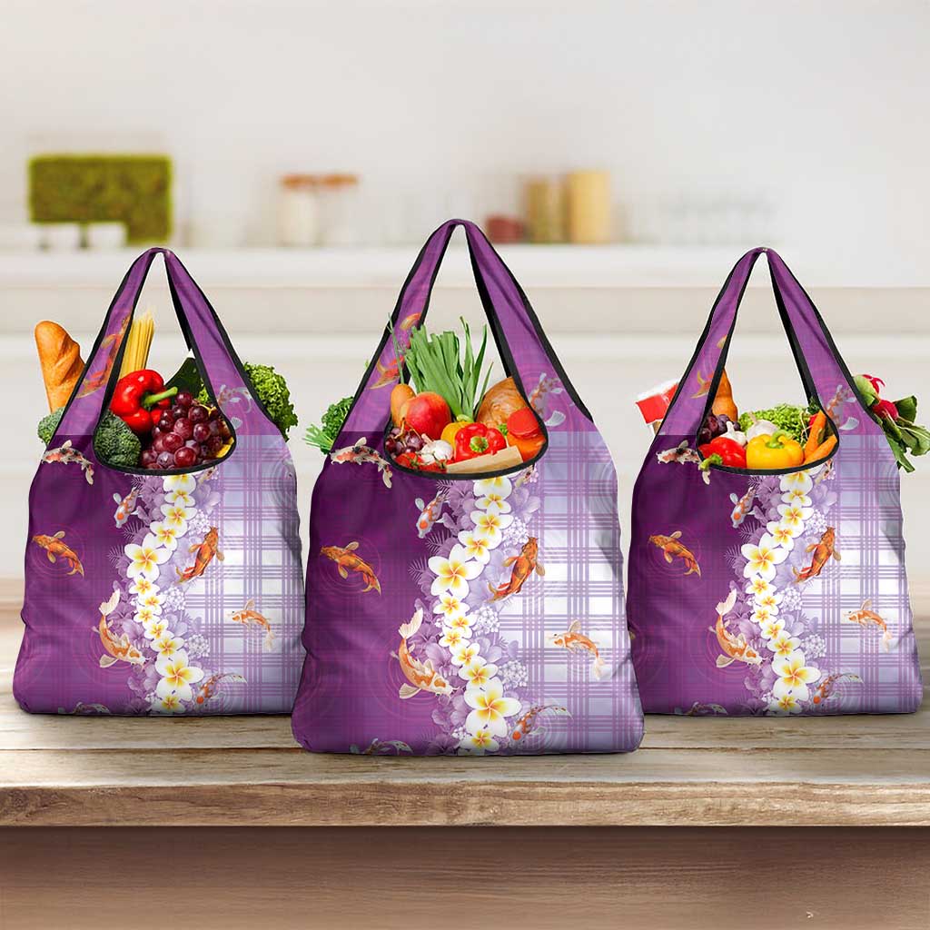 Hawaii And Japan Grocery Bag Plumeria Lei With Koi Fish Purple LT05 3-pack One Size Purple - Polynesian Pride