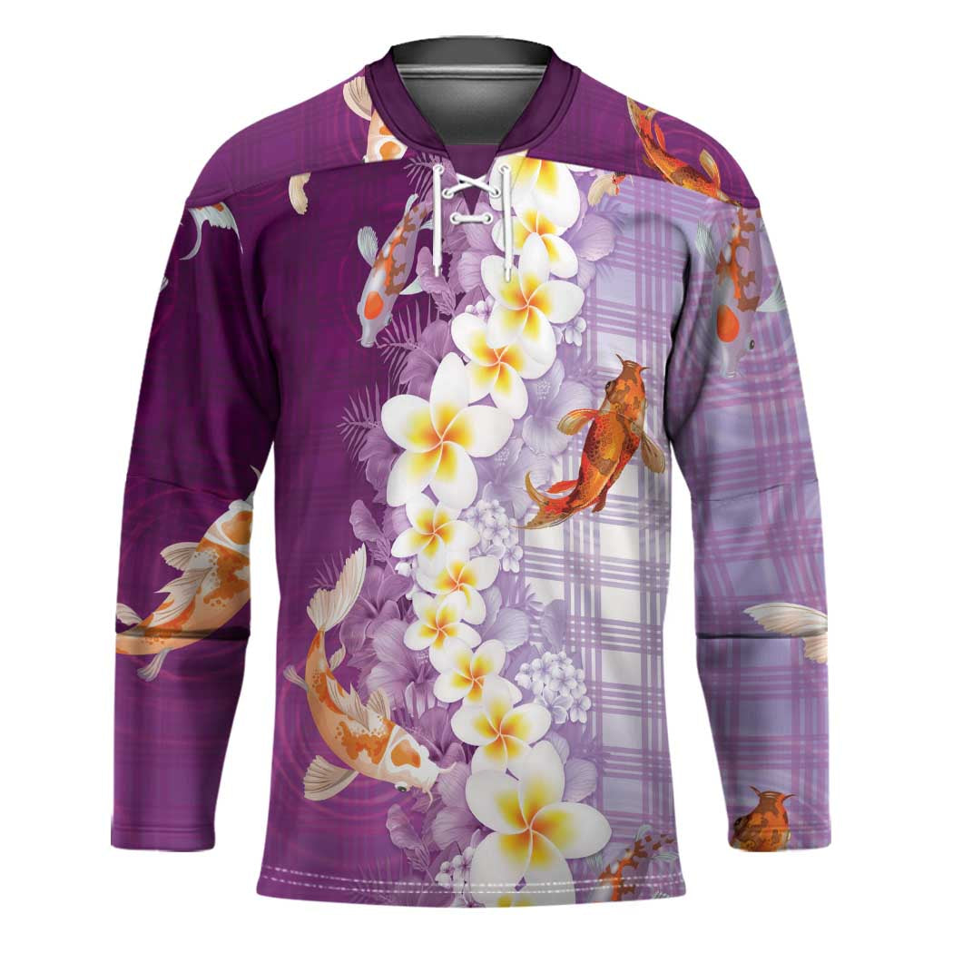 Hawaii And Japan Hockey Jersey Plumeria Lei With Koi Fish Purple LT05 Unisex Purple - Polynesian Pride