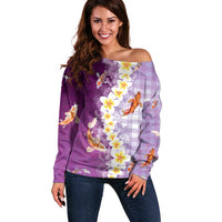 Hawaii And Japan Off Shoulder Sweater Plumeria Lei With Koi Fish Purple LT05 Women Purple - Polynesian Pride