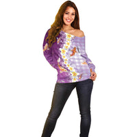 Hawaii And Japan Off Shoulder Sweater Plumeria Lei With Koi Fish Purple LT05 - Polynesian Pride