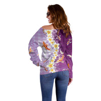 Hawaii And Japan Off Shoulder Sweater Plumeria Lei With Koi Fish Purple LT05 - Polynesian Pride