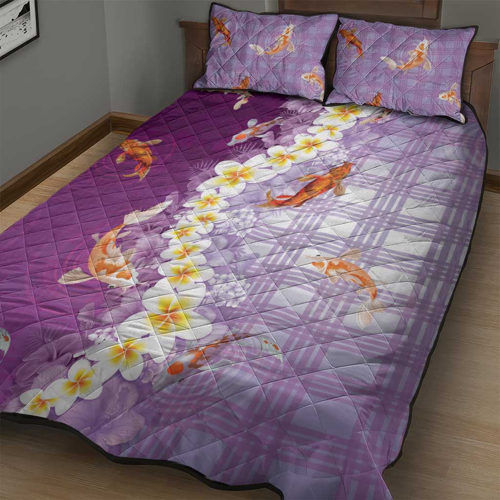 Hawaii And Japan Quilt Bed Set Plumeria Lei With Koi Fish Purple LT05 - Polynesian Pride