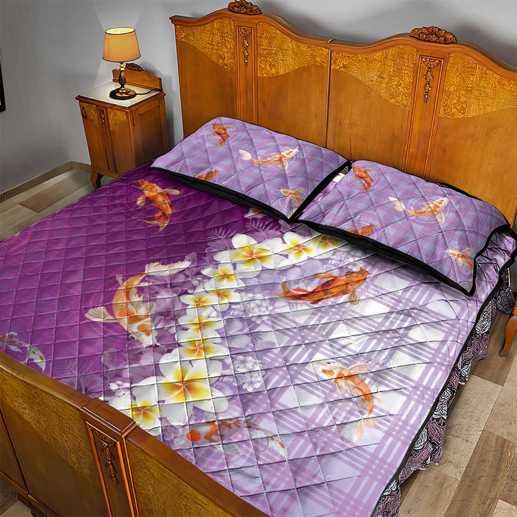 Hawaii And Japan Quilt Bed Set Plumeria Lei With Koi Fish Purple LT05 - Polynesian Pride