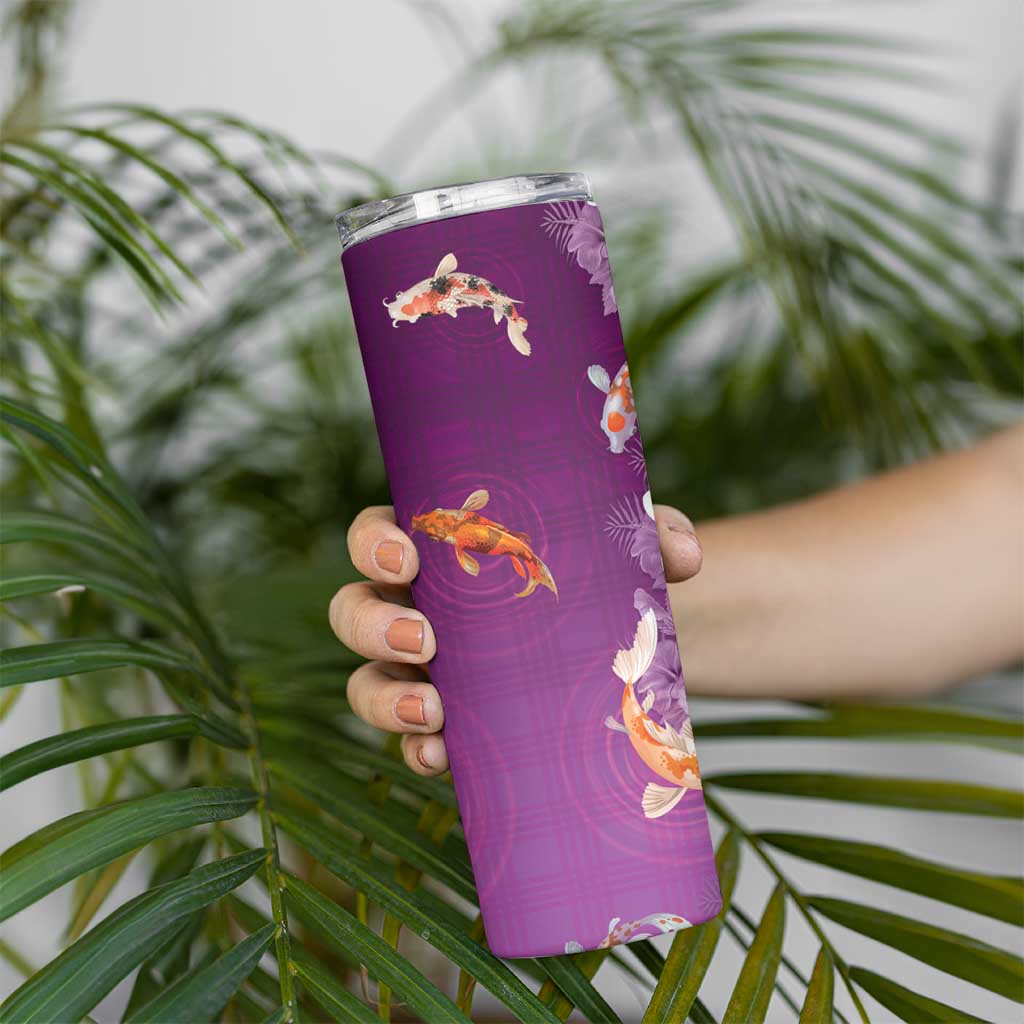 Hawaii And Japan Skinny Tumbler Plumeria Lei With Koi Fish Purple LT05 - Polynesian Pride