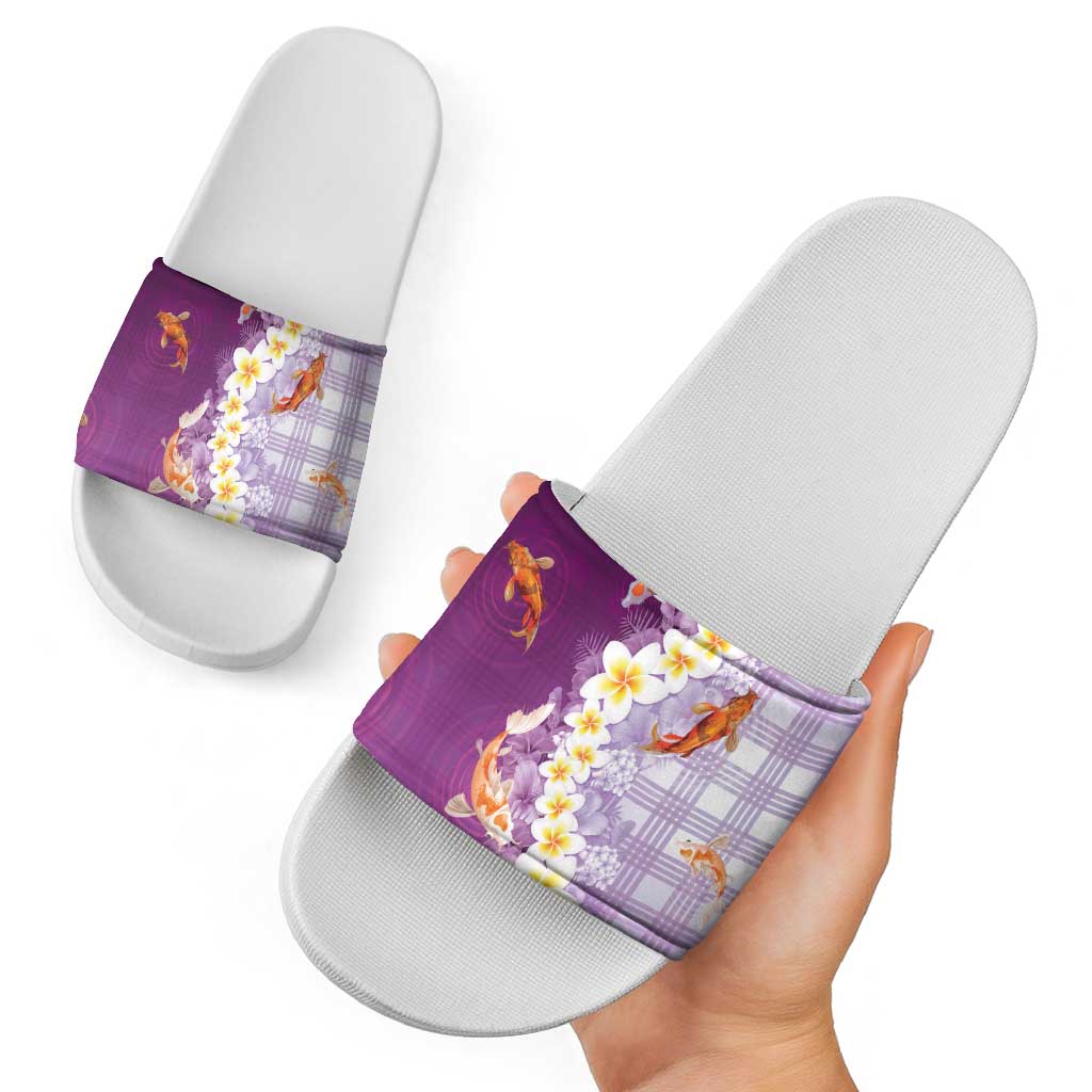Hawaii And Japan Slide Sandals Plumeria Lei With Koi Fish Purple LT05 - Polynesian Pride